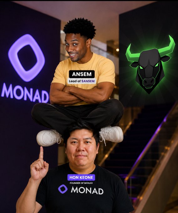 A meme image showing Ansem (Lead of SANSEM) sitting on the shoulders of Hon Keone, founder of Monad, with the MONAD logo and a bull graphic in the background.