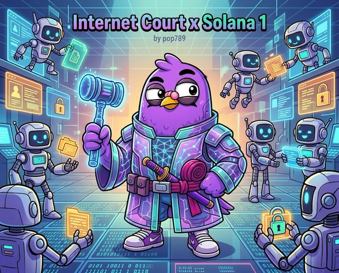 A colorful digital illustration titled 'Internet Court x Solana 1 by pop789' featuring a purple bird character dressed in judge robes holding a gavel and sword, surrounded by small robots holding digital documents and lock icons.