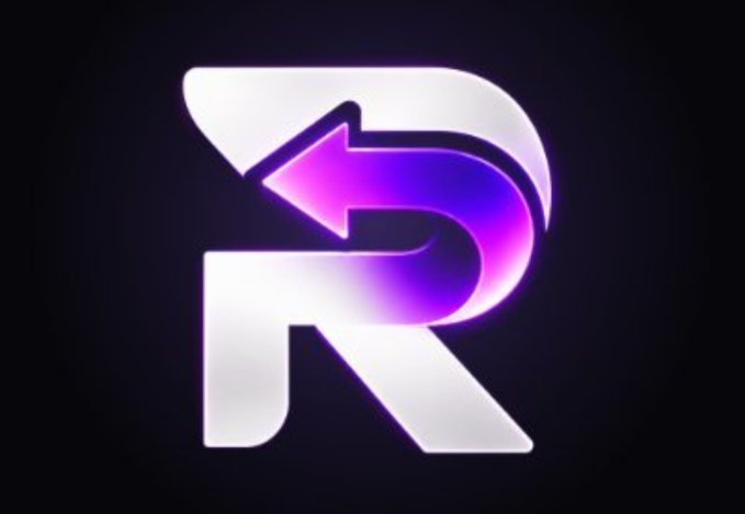 A stylized logo featuring the letter 'R' with a back arrow design, illuminated in white and purple neon against a black background.