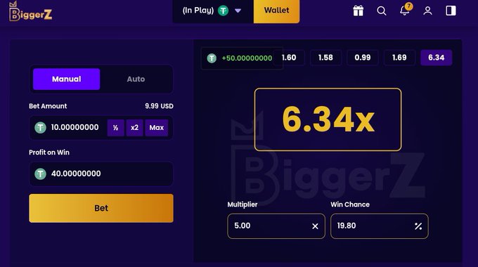 A screenshot of the BiggerZ betting interface showing a bet amount of 9.99 USD with a potential profit of 40.00 and a current multiplier of 6.34x.
