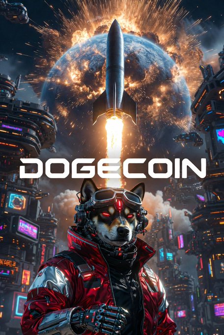 A sci-fi Dogecoin poster shows a cybernetic dog in a red jacket beneath a rocket, an exploding planet, and large white “DOGECOIN” text.