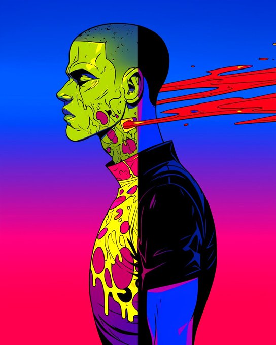 Stylized illustration of a zombie-like figure in profile with green skin and exposed yellow/pink flesh, set against a vibrant blue-to-pink gradient background, with red blood-like streaks trailing from behind.