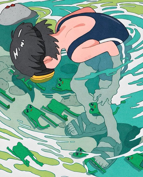 An illustration of a person with dark hair drinking from a yellow cup while leaning over a pond, with several green frogs watching from the water below.