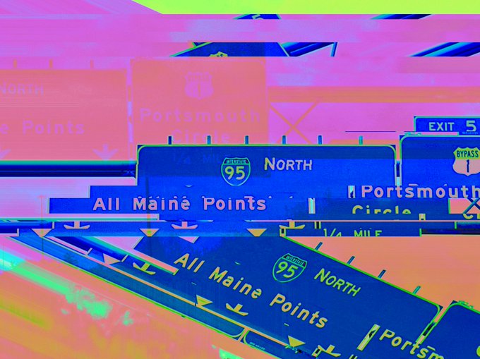 An image of highway signs, including 'I-95 NORTH', 'Portsmouth Circle', 'BYPASS 1', 'EXIT 5', and 'All Maine Points', heavily distorted with bright pink, blue, and green color artifacts.