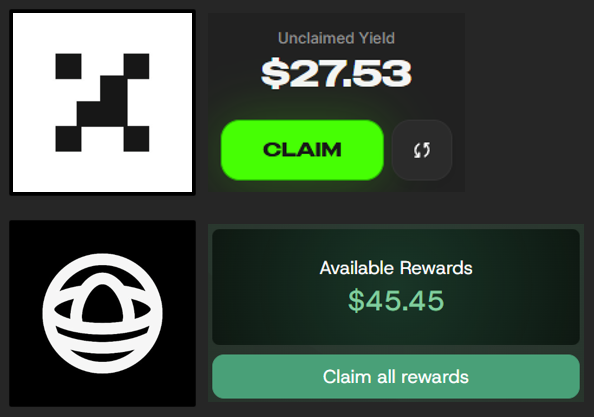 The image features a screenshot of a website's login screen with three different logos displayed, all accompanied by text explaining their respective functions or rewards. The topmost logo displays "Unclaimed Yield", indicating an out-of-range claim. Below that is a green button labeled "CLIM" which states "Claim all rewards". Lastly, there are two other logos visible in the image - one with a black border and the other with a white border. They both appear to be related to the "Available Rewards" section of the login screen. The overall presentation seems organized and well-structured, providing users with clear information about what they can expect when they log onto this website.