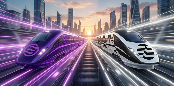 Two futuristic high-speed trains racing side-by-side at sunset—one purple with a circular logo, the other white and black with chevron patterns—racing through a modern cityscape with motion blur effects.