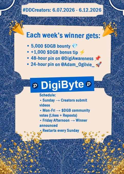 The image shows a vibrant poster that features a blue and gold pattern with tree branches, flowers, and diamonds. The central text indicates that #DDCreators Week 4 is live, and each week's winner gets $5,000 SDBGB bounty. It also mentions an additional prize of 40,000 SDGB bonus tip for the winner, and there are four unique badges to celebrate the winners' accomplishments.