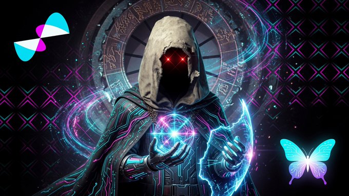 A digital artwork featuring a hooded figure with glowing red eyes holding a glowing orb, surrounded by neon circuitry patterns, with a stylized logo in the upper left and a glowing blue butterfly on the right.