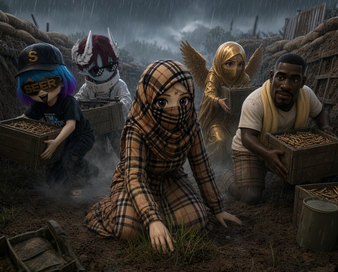 A dramatic digital artwork depicts five characters—including a girl in a Burberry-patterned hood, a boy with an 'SEER' mask, and others—in a rainy war-torn trench setting while carrying crates of ammunition.