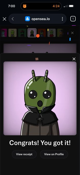 A mobile screenshot from opensea.io showing an NFT mint confirmation with a green cartoon alien character and the text 'Congrats! You got it!' along with 'View receipt' and 'View on Profile' buttons.