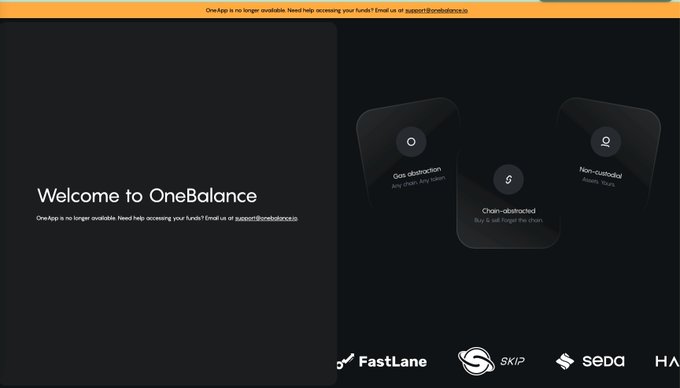 A dark webpage titled 'Welcome to OneBalance' lists features like 'Gas-abstracted,' 'Chain-abstracted,' and 'Non-custodial,' with logos for FastLane, SKIP, and SEDA at the bottom.