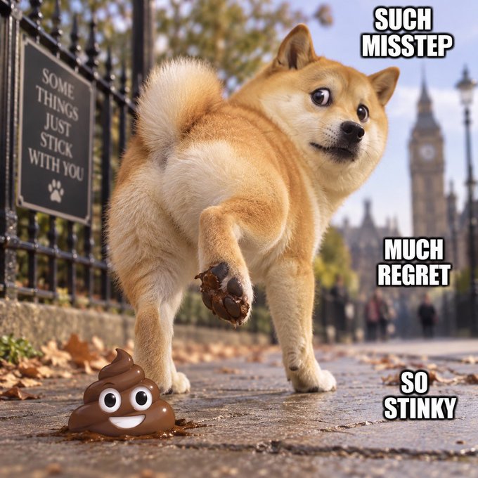 A Shiba Inu dog stepping away from cartoon poop on a sidewalk with Big Ben in the background, with text reading 'SUCH MISSTEP', 'MUCH REGRET', and 'SO STINKY'.