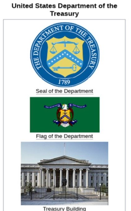 An informational graphic for the United States Department of the Treasury, displaying the official Seal of the Department (established 1789), the green Flag of the Department, and a photo of the Treasury Building.