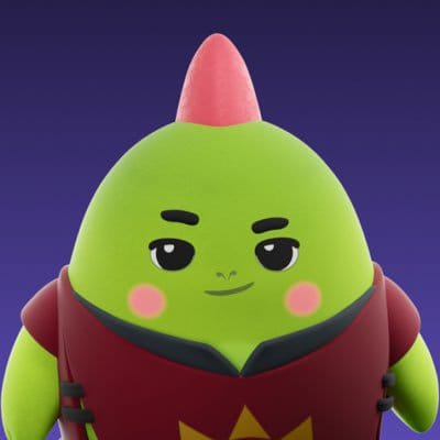 A 3D-rendered green cartoon character with a pink pointed hat, rosy cheeks, and a red outfit, giving a subtle smile against a purple background.