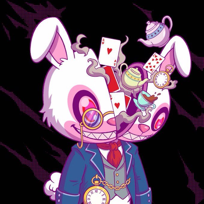 A stylized digital illustration of a white rabbit character dressed in a blue suit with a red tie, wearing a monocle and surrounded by whimsical floating objects including playing cards, a teapot, a clock, and a teacup.