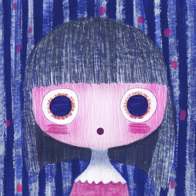 An illustration of a wide-eyed cartoon girl with dark hair against a blue striped background.