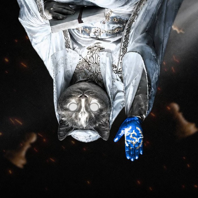 The image shows an upside-down wolf-like figure with glowing white eyes and a bright blue, glowing hand, dressed in white robes with intricate patterns, set against a dark background with embers or sparks floating around. The mystical, otherworldly imagery seems to symbolize the energy and hype surrounding the memecoin launch on Pumpfun, with the glowing elements and dramatic pose reflecting the excitement and "boldness" mentioned in the accompanying text.