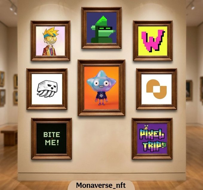 A gallery wall displays eight framed pixel-art and NFT-style artworks, including characters, a 'BITE ME!' text piece, and a 'PIXEL TRIP' design, with 'Monaverse_nft' labeled at the bottom.