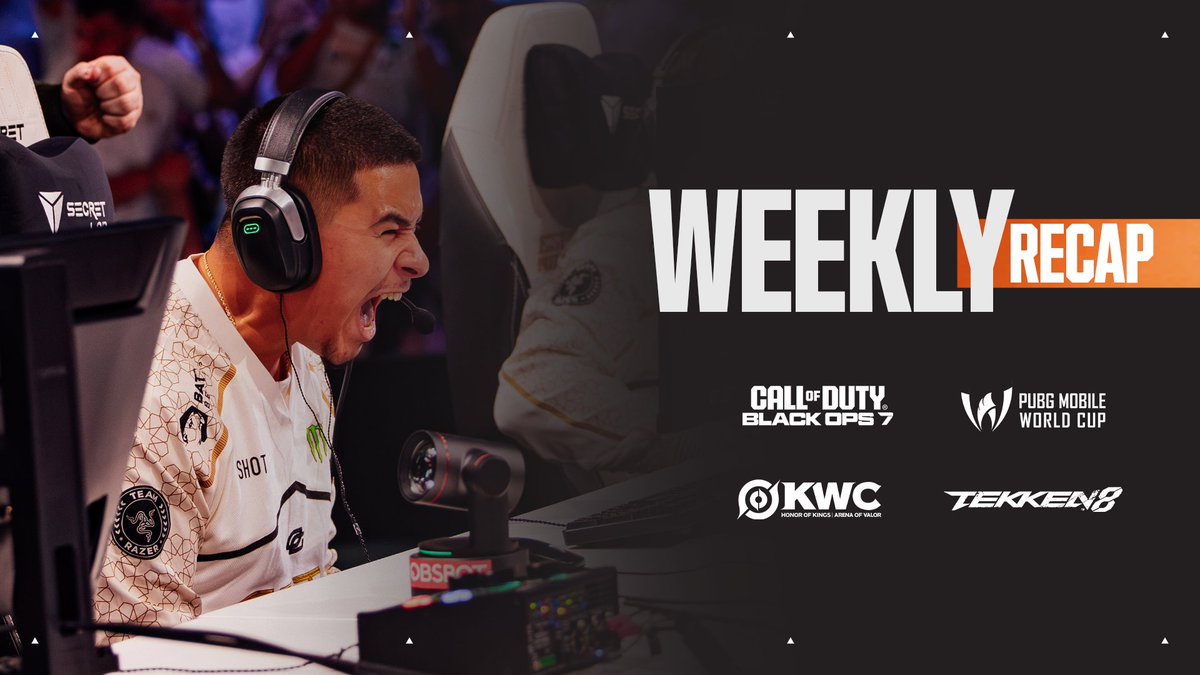 An esports 'WEEKLY RECAP' graphic featuring a screaming gamer in a headset, alongside logos for Call of Duty: Black Ops 7, PUBG Mobile World Cup, Honor of Kings (KWC), and Tekken 8.