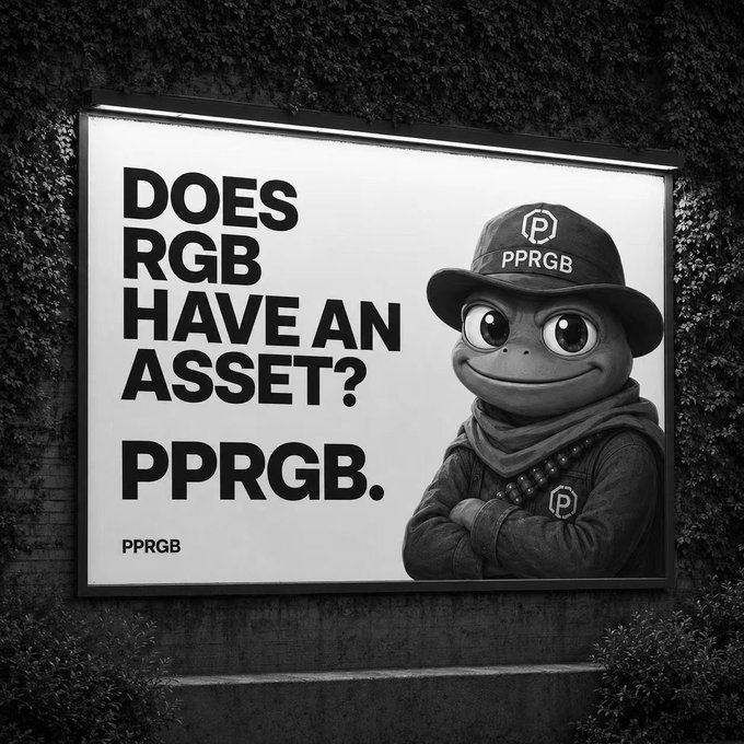 A black-and-white billboard advertisement features a Pepe the Frog character wearing a cap labeled "PPRGB," accompanied by the bold text "DOES RGB HAVE AN ASSET? PPRGB.," directly mirroring the post's tagline promoting the PPRGB token on the Bitcoin RGB protocol.