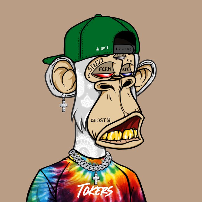 A cartoon illustration of a Bored Ape-style character wearing a green 'golf' cap and a tie-dye shirt with 'TOKERS' written on it, featuring facial markings including 'FCKN,' 'STEEZY,' 'APE,' and 'GHOST,' along with a cross earring.