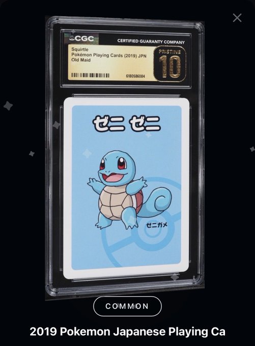 A CGC (Certified Guaranty Company) graded Pristine 10 Squirtle Pokémon Japanese playing card (2019) in a protective slab, marked as a Common rarity card.