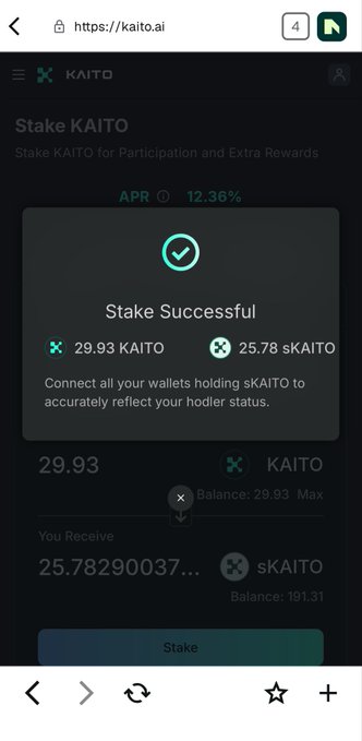 A mobile browser screenshot of kaito.ai showing a 'Stake Successful' confirmation for 29.93 KAITO yielding 25.78 sKAITO with an APR of 12.36%.
