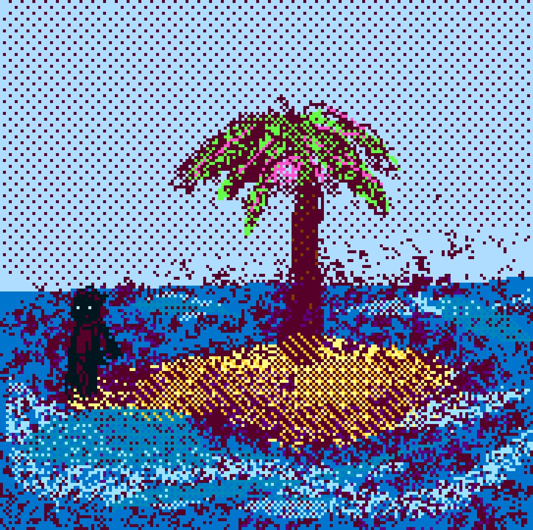 The image features a cartoon island with a palm tree, ocean waves, and a black figure standing near the shoreline. The island appears to be made of small dots or squares, giving it a pixelated appearance. The post reads "GM Mec Castway" and has a rating of 5/5.
