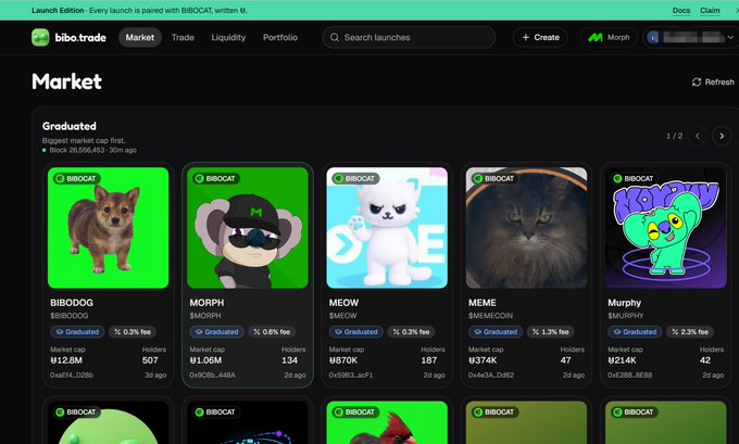 A screenshot of the 'bibo.trade' Market interface displaying a 'Graduated' section of memecoin launches including BIBODOG ($BIBODOG), MORPH ($MORPH), MEOW ($MEOW), MEME ($MEMECOIN), and Murphy ($MURPHY), each showing market cap and fee data.
