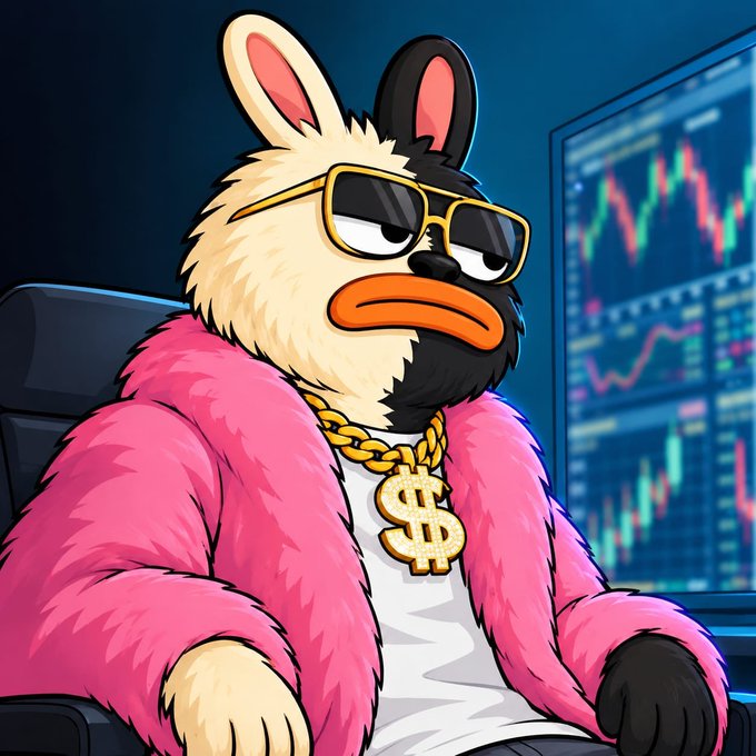 A cartoon duck wearing a pink fur coat, gold chain with a dollar sign, and sunglasses sits confidently in front of a stock chart displaying candlestick patterns, visually representing the crypto presale hype for $BORO.