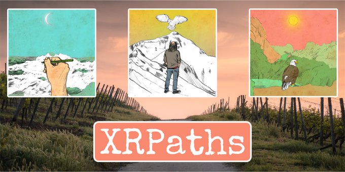 A promotional graphic titled 'XRPaths' featuring three illustrated panels showing outdoor scenes: a hand holding a compass near ocean waves, a person at a snowy mountain summit with an eagle, and an eagle in a desert canyon landscape.