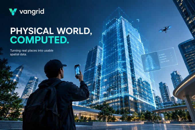 An advertisement for VanGrid featuring the text 'PHYSICAL WORLD, COMPUTED. Turning real places into usable spatial data,' showing a person photographing a modern skyscraper overlaid with a digital blue wireframe representation.