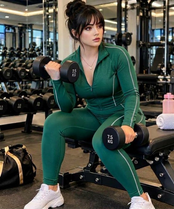 An AI-generated image of a woman with dark hair in a bun, wearing a form-fitting green tracksuit and white sneakers, seated on a bench holding two 7.5 KG dumbbells in a gym.