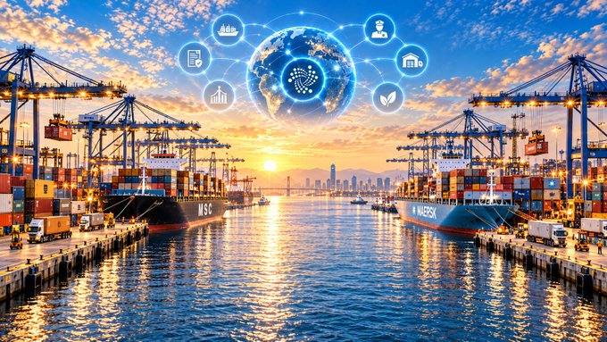 A bustling port at sunset with shipping containers, cargo ships, and cranes, overlaid with a digital graphic of a globe connected to icons representing global trade, finance, and industry.