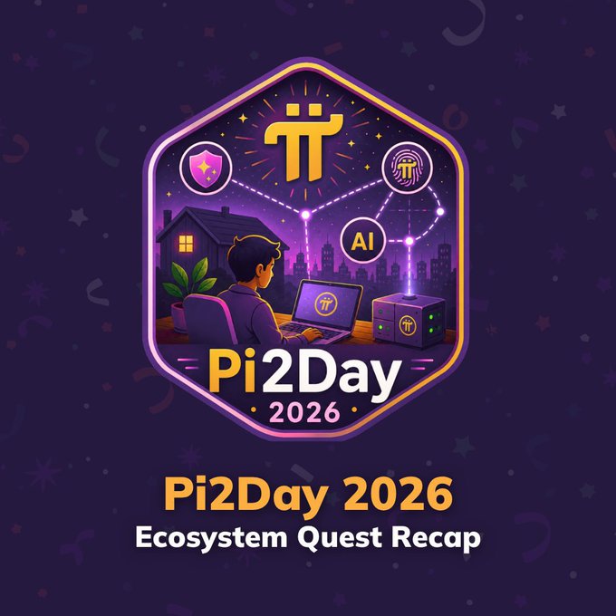 Purple-themed promotional graphic for 'Pi2Day 2026 Ecosystem Quest Recap' featuring the Pi cryptocurrency logo, AI, security, and identity icons with a character working on a laptop.
