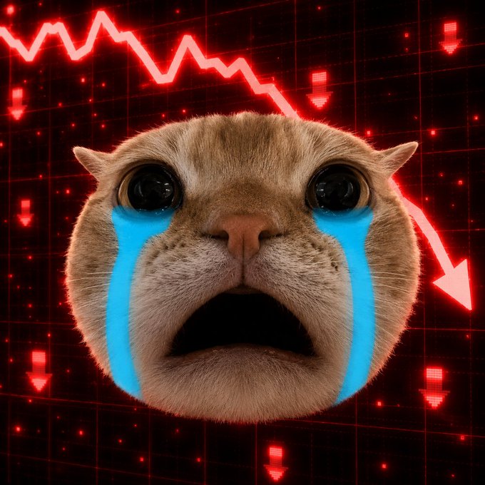 A crying cat meme with blue tears streaming down its face, set against a dark background featuring a declining red stock chart and grid pattern, symbolizing financial loss.