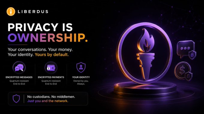 A promotional graphic for Liberdus with the text 'PRIVACY IS OWNERSHIP. Your conversations. Your money. Your identity. Yours by default,' highlighting features like Encrypted Messages, Encrypted Payments, and Your Identity with a glowing torch emblem.