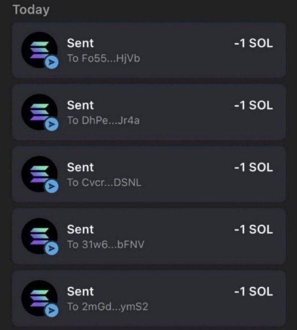 The image displays a cryptocurrency transaction history on what appears to be the Phantom wallet app, showing five "Sent" transactions dated "Today," each deducting 1 SOL to different wallet addresses (Fo55...HjVb, DhPe...Jr4a, Cvcr...DSNL, 31w6...bFNV, and 2mGd...yms2), with the Solana (SOL) logo visible beside each entry, supporting the accompanying post's claim of a 1 SOL airdrop distribution to early wallet holders as part of a promotional giveaway requiring follows and retweets of the pinned post.