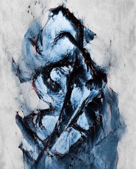 An abstract, expressionist painting of a hooded figure rendered in shades of blue, black, and red with cracked, textured brushstrokes on a light background.