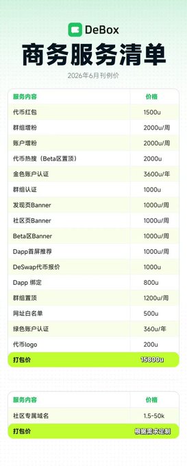 A pricing list from DeBox titled '商务服务清单' (Business Service List) dated June 2026, showing various services like red envelopes, banner placements, and certifications with prices in 'u' (a total package of 15800u).