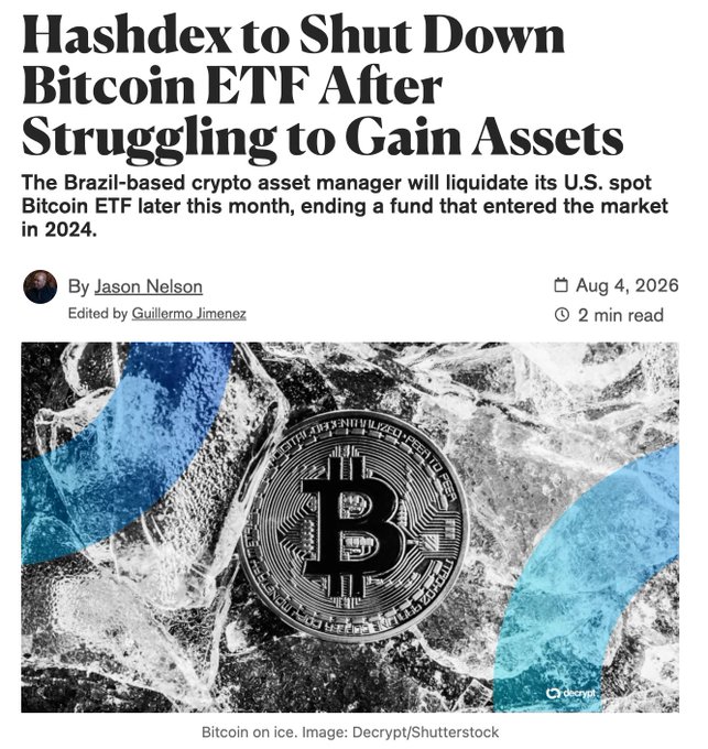 A news article headlined "Hashdex to Shut Down Bitcoin ETF After Struggling to Gain Assets" by Jason Nelson, dated Aug 4, 2026, reporting the liquidation of the Brazil-based crypto asset manager's U.S. spot Bitcoin ETF, accompanied by a stock image of a physical Bitcoin coin resting on cracked ice.