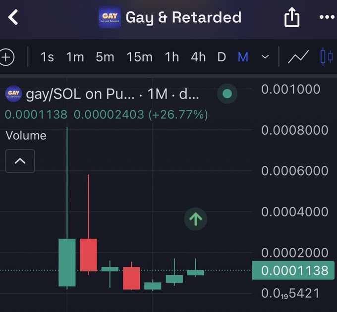 A cryptocurrency trading chart titled 'Gay & Retarded' showing the 'gay/SOL on Pu...' trading pair at 0.0001138, with a 26.77% increase and candlestick price movements displayed on a dark interface.