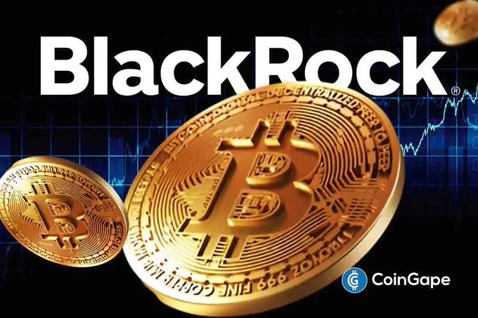 Two large gold Bitcoin coins dominate the image against a backdrop of financial charts, with "BlackRock" displayed prominently at the top, visually linking the cryptocurrency to BlackRock's endorsement as referenced in the accompanying post about Bitcoin's strengthening macro bull case. The CoinGape logo appears in the bottom right corner, branding the article's coverage of Robert Mitchnick's remarks on U.S. debt concerns driving interest in Bitcoin.