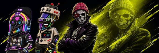 A promotional banner featuring four edgy NFT-style characters, including a rainbow-hooded figure with a 'WIF' beanie, a robot gameboy, and two grinning skulls wearing beanies, set against a dark background with green streaks.