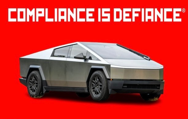 A Tesla Cybertruck displayed on a red background with the bold text 'COMPLIANCE IS DEFIANCE®' across the top.