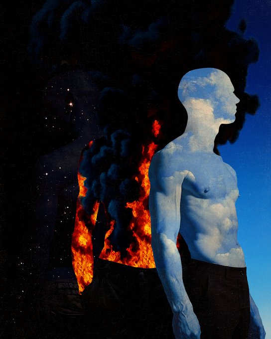 A surreal painting depicting two male figures—one engulfed in flames with a starry night sky background, the other blue like a sky with clouds against a clear blue backdrop.