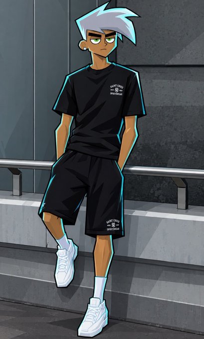 An animated illustration of a character with spiky silver hair, wearing a black t-shirt, black shorts, and white sneakers, standing in a dark, modern setting.