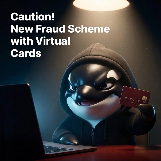 A cartoonish masked figure in a hoodie sits at a laptop holding a credit card, with text warning 'Caution! New Fraud Scheme with Virtual Cards'.