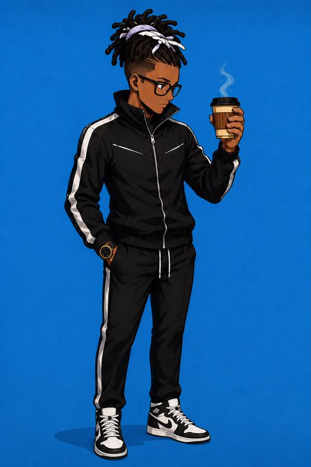 A stylized 2D illustration shows a young man with dreadlocks and glasses wearing a black tracksuit with white stripes, holding a steaming cup of coffee against a blue background.