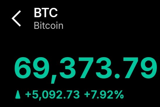 A cryptocurrency tracking app displays Bitcoin (BTC) at $69,373.79, up $5,092.73 (+7.92%) with a green upward arrow, illustrating the digital asset's strong rebound noted in the post titled "Bitcoin Ethereum Finally rebounding."